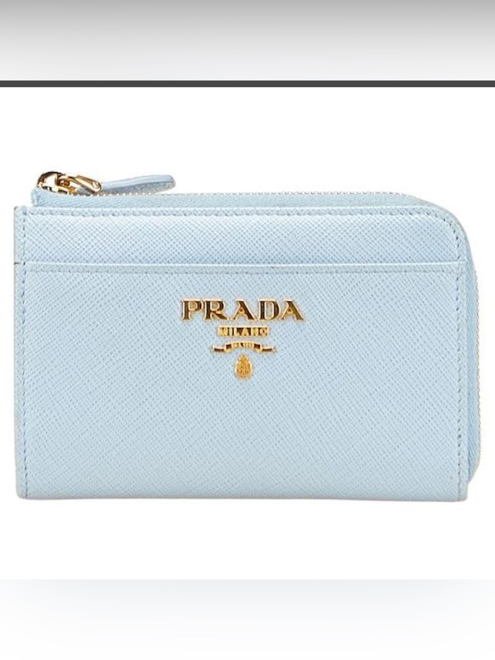 Prada Saffiano Leather Compact Wallet Light Blue with Attached Key Ring